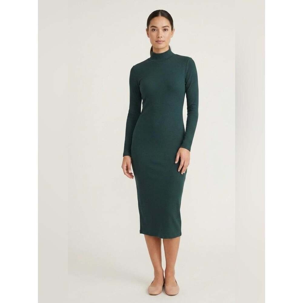 Marine Layer Women M Ribbed Knit Dress Midi Forest Green Mock Neck Long Sleeve